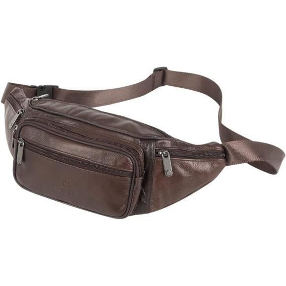 Leather Fanny Pack/Waist Bag/Organizer with Adjustable Belt, Multiple Pockets